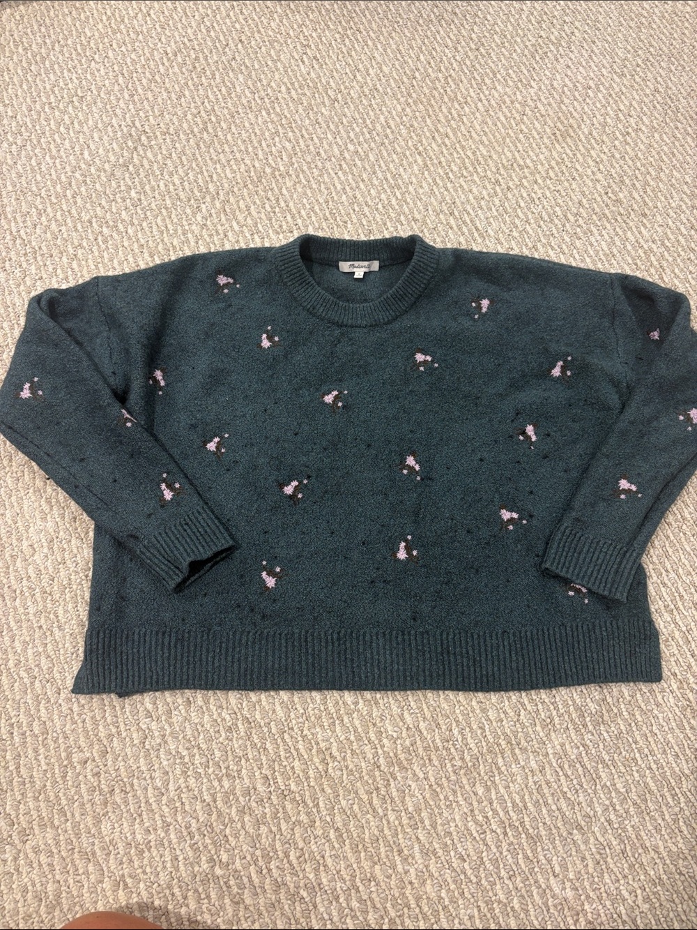 Madewell Dark Teal Crewneck Sweater with Pink Dot Blossoms